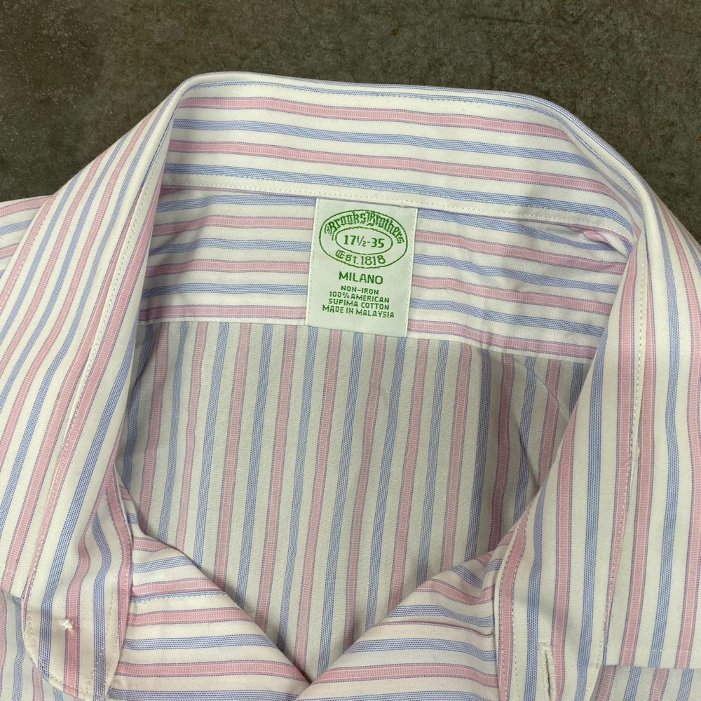Brooks Brothers Milano Dress Shirt Pink Blue Stripe Mens 17.5 35 Non Iron - Picture 3 of 7